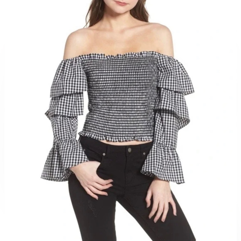 WAYF gingham off-the-shoulder top